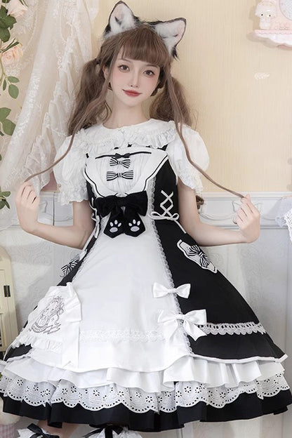 Lolita Dress - White/black Cat Print, 2 Colors, Printed, Sweet Style, Bow Detail - additional product view 2