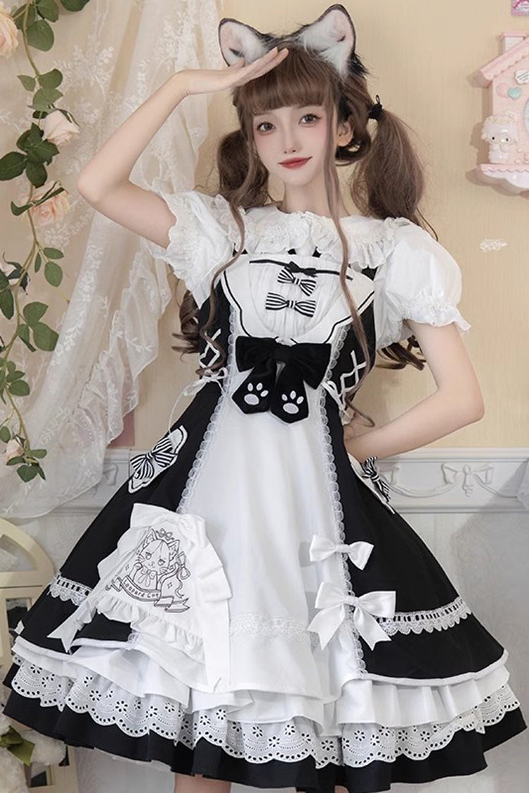 Lolita Dress - White/black Cat Print, 2 Colors, Printed, Sweet Style, Bow Detail - additional product view 4