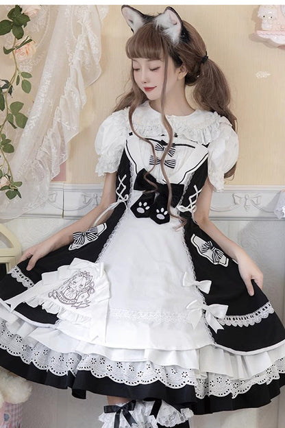 Lolita Dress - White/black Cat Print, 2 Colors, Printed, Sweet Style, Bow Detail - additional product view 5