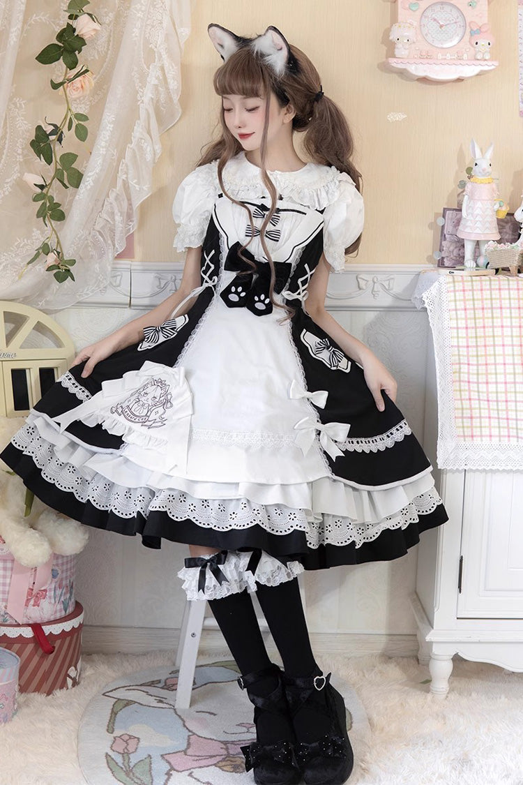 Lolita Dress - White/black Cat Print, 2 Colors, Printed, Sweet Style, Bow Detail - main product image
