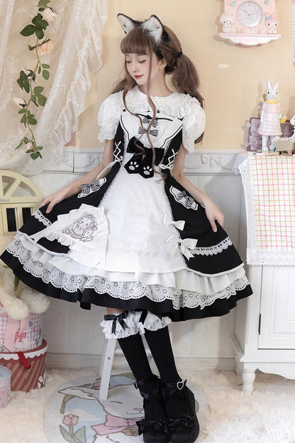 Lolita Dress - White/black Cat Print, 2 Colors, Printed, Sweet Style, Bow Detail - main product image