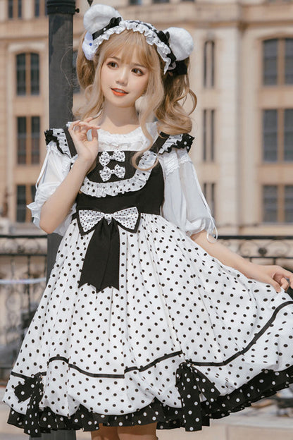 Lolita Dress - White/black Polka Dot Print, 2 Colors, Bow Detail, Printed, Sweet Style - additional product view 2