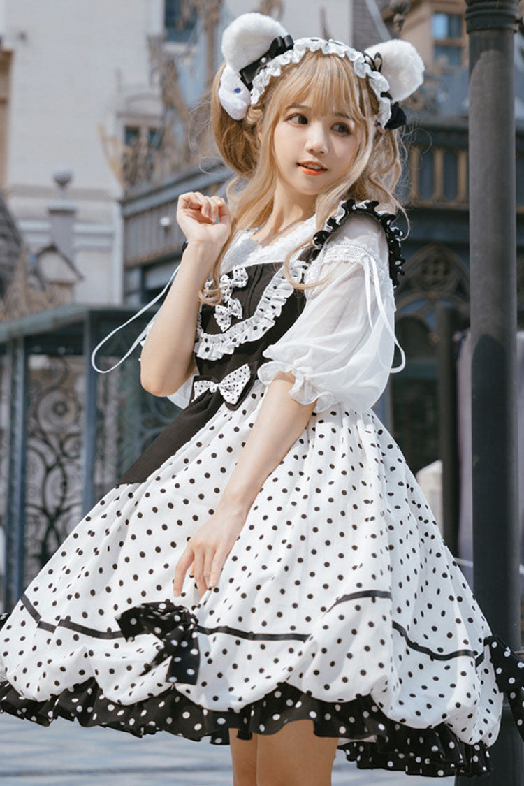 Lolita Dress - White/black Polka Dot Print, 2 Colors, Bow Detail, Printed, Sweet Style - additional product view 3