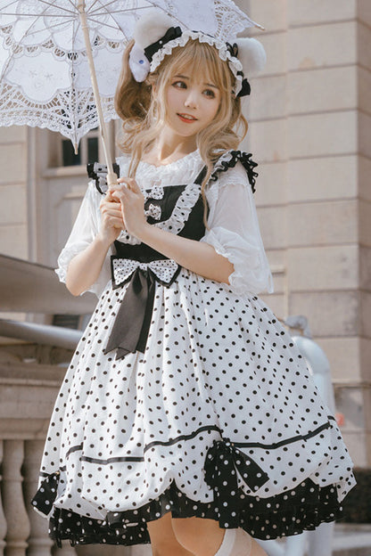 Lolita Dress - White/black Polka Dot Print, 2 Colors, Bow Detail, Printed, Sweet Style - additional product view 4