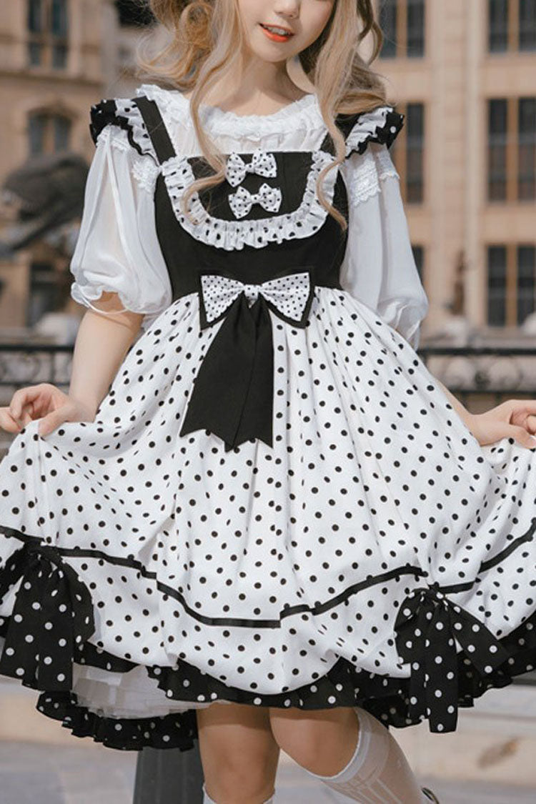Lolita Dress - White/black Polka Dot Print, 2 Colors, Bow Detail, Printed, Sweet Style - main product image