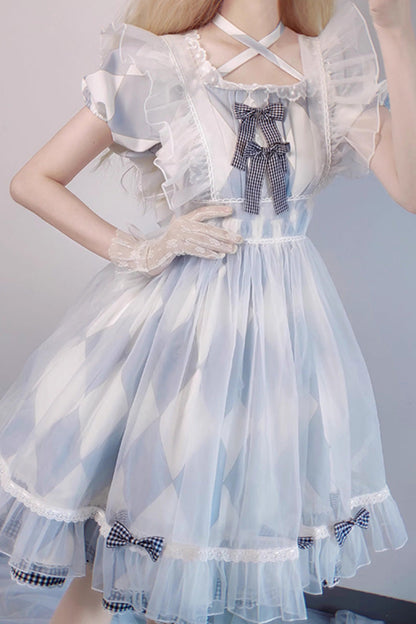 Lolita Dress - White/blue, 2 Colors, Plaid, Sweet Style, Bow Detail - additional product view 3