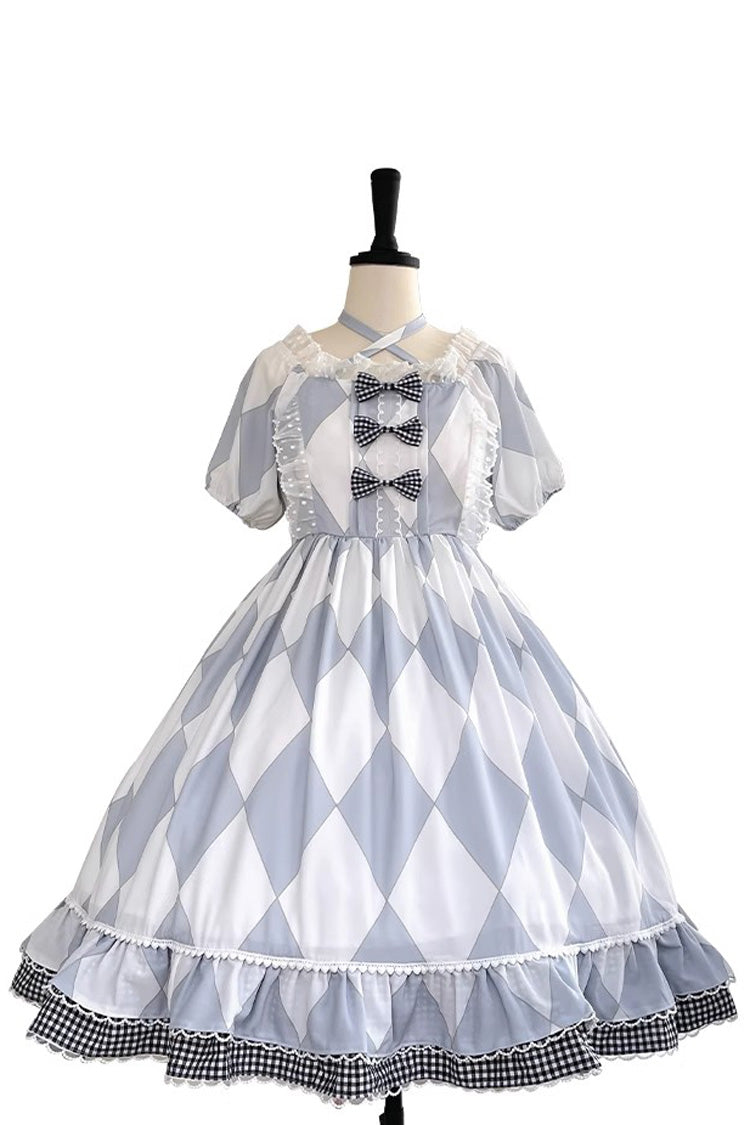 Lolita Dress - White/blue, 2 Colors, Plaid, Sweet Style, Bow Detail - main product image
