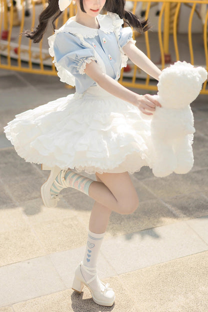 Lolita Dress - White/blue Doll Collar, 2 Colors, Sweet Style, Ruffled - main product image