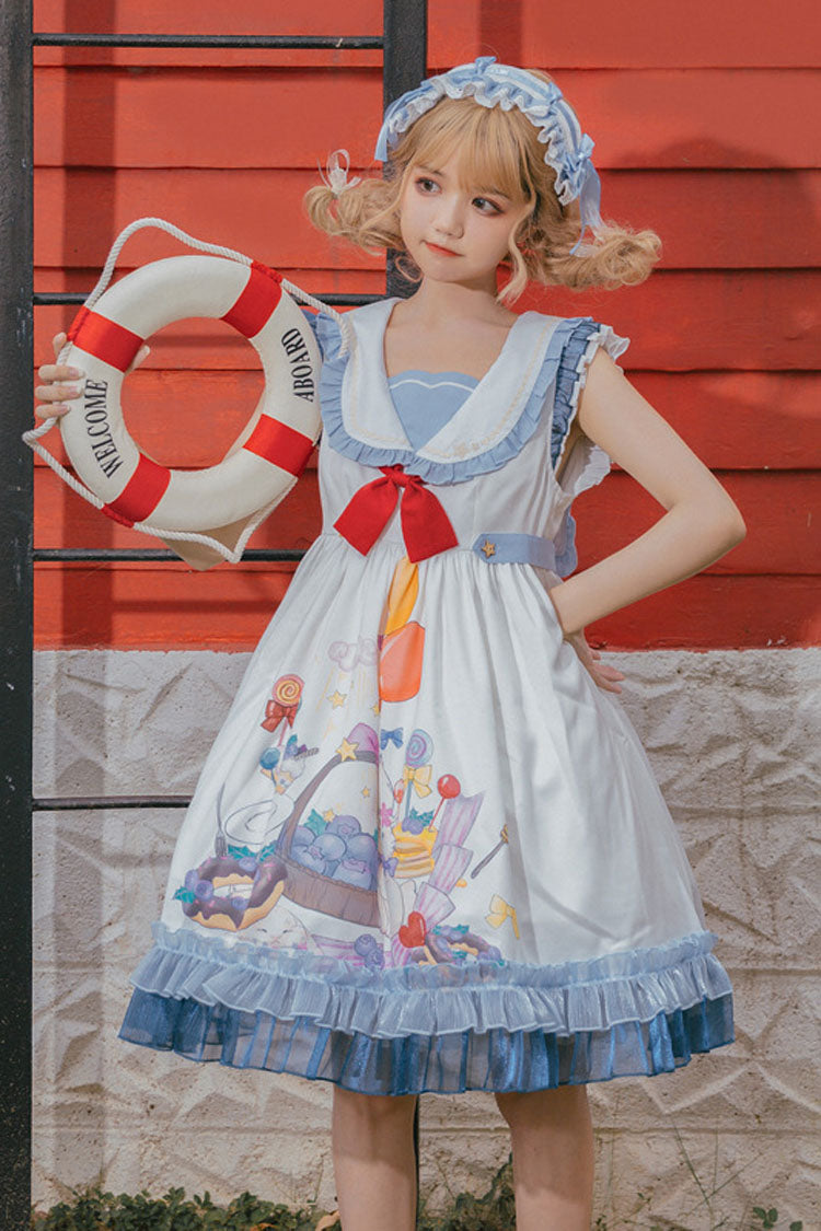 Lolita Dress - White/blue Sailor Collar, 2 Colors, Printed, Sweet Style, Ruffled - additional product view 2