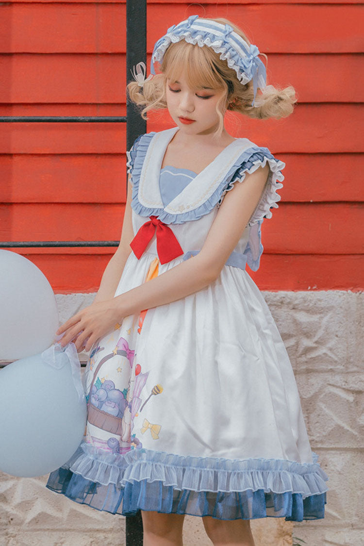 Lolita Dress - White/blue Sailor Collar, 2 Colors, Printed, Sweet Style, Ruffled - additional product view 3