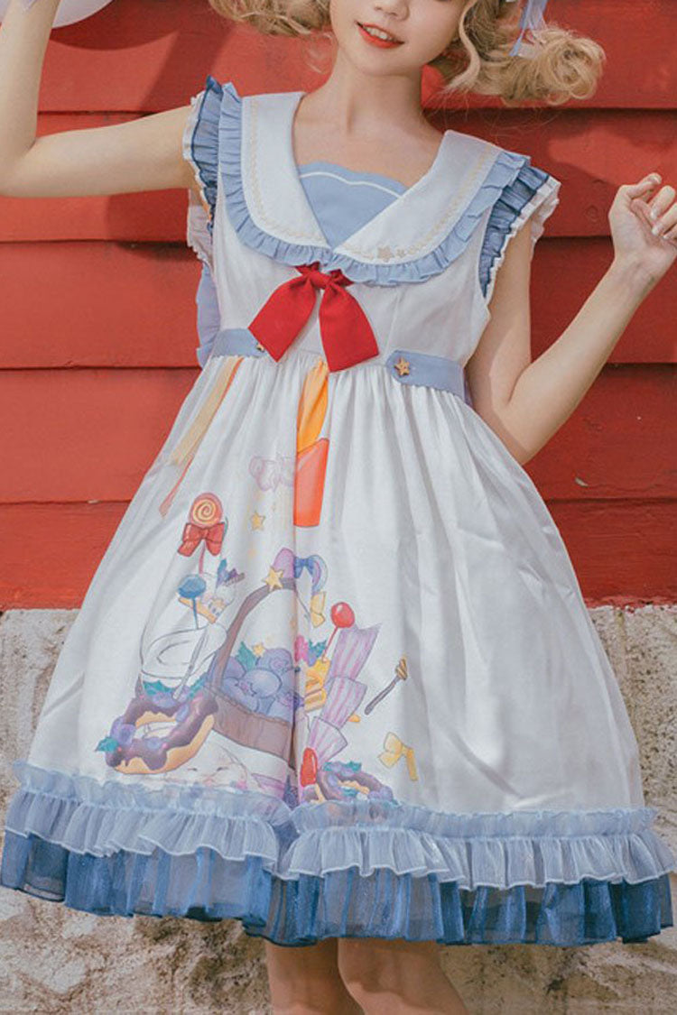 Lolita Dress - White/blue Sailor Collar, 2 Colors, Printed, Sweet Style, Ruffled - main product image