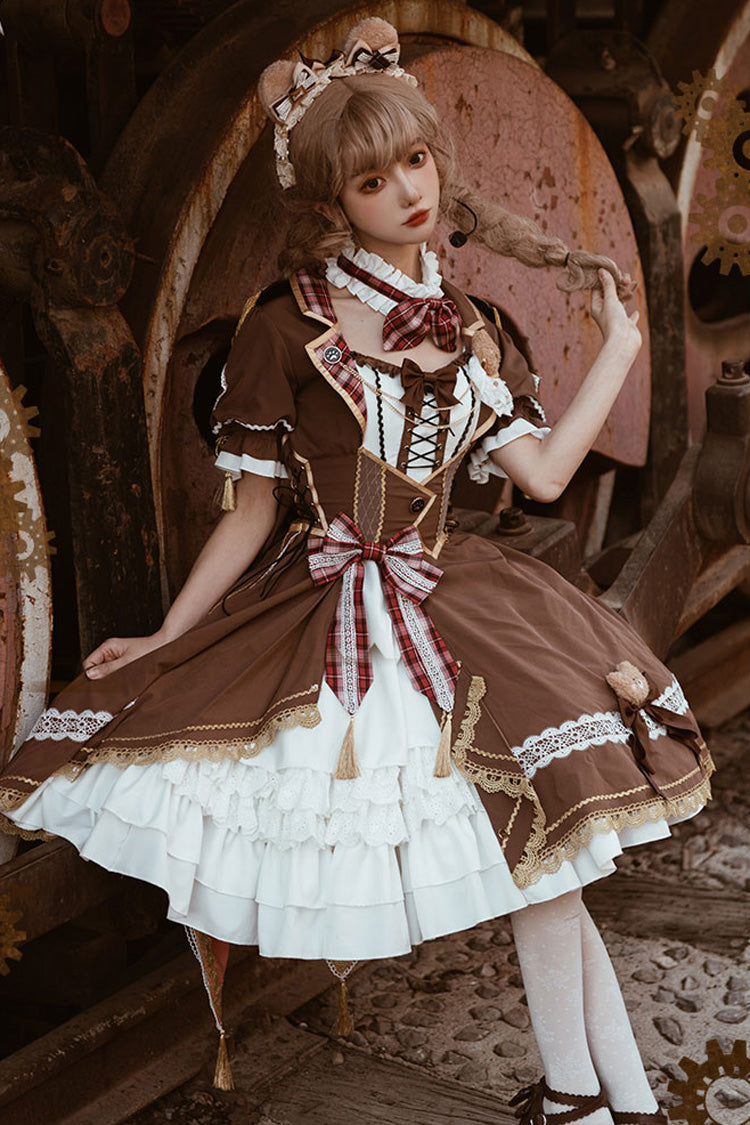 Lolita Dress - White/brown Bear Detective, 2 Colors, Gothic Style, Punk Style, Bow Detail - additional product view 2