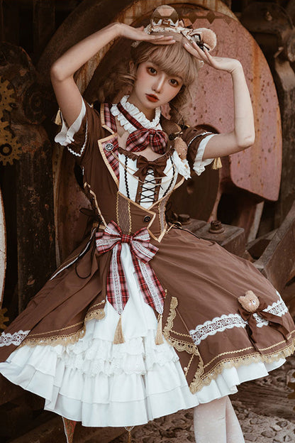 Lolita Dress - White/brown Bear Detective, 2 Colors, Gothic Style, Punk Style, Bow Detail - additional product view 3