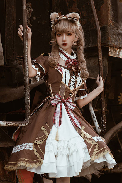 Lolita Dress - White/brown Bear Detective, 2 Colors, Gothic Style, Punk Style, Bow Detail - additional product view 4