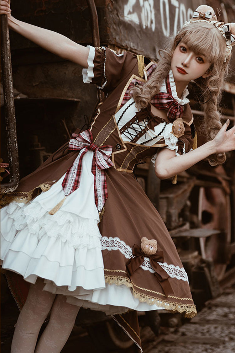 Lolita Dress - White/brown Bear Detective, 2 Colors, Gothic Style, Punk Style, Bow Detail - additional product view 5