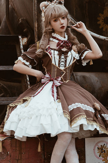 Lolita Dress - White/brown Bear Detective, 2 Colors, Gothic Style, Punk Style, Bow Detail - main product image