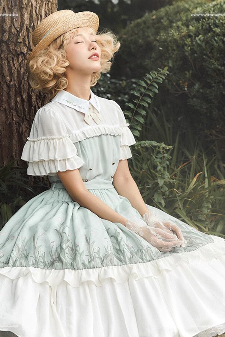 Lolita Dress - White/green Lapel Collar Wizard, 2 Colors, Bow Detail, Ruffled, Sweet Style - additional product view 3