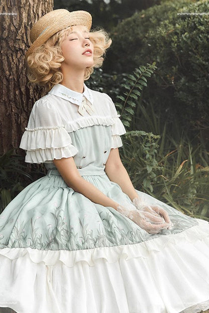 Lolita Dress - White/green Lapel Collar Wizard, 2 Colors, Bow Detail, Ruffled, Sweet Style - additional product view 3