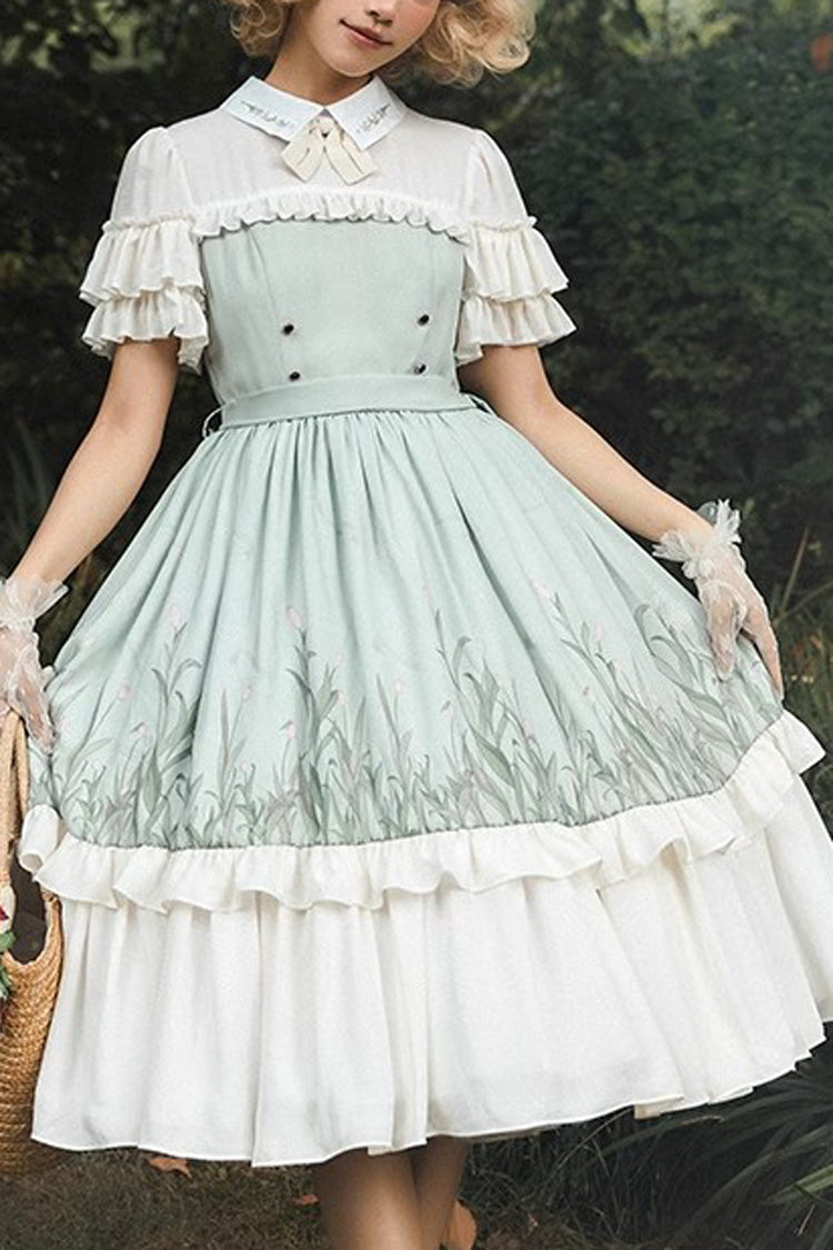 Lolita Dress - White/green Lapel Collar Wizard, 2 Colors, Bow Detail, Ruffled, Sweet Style - main product image