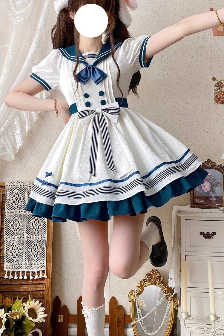 Lolita Dress - White/green Navy Collar, 2 Colors, Bow Detail, Ruffled, Sweet Style - additional product view 5
