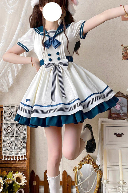 Lolita Dress - White/green Navy Collar, 2 Colors, Bow Detail, Ruffled, Sweet Style - additional product view 5