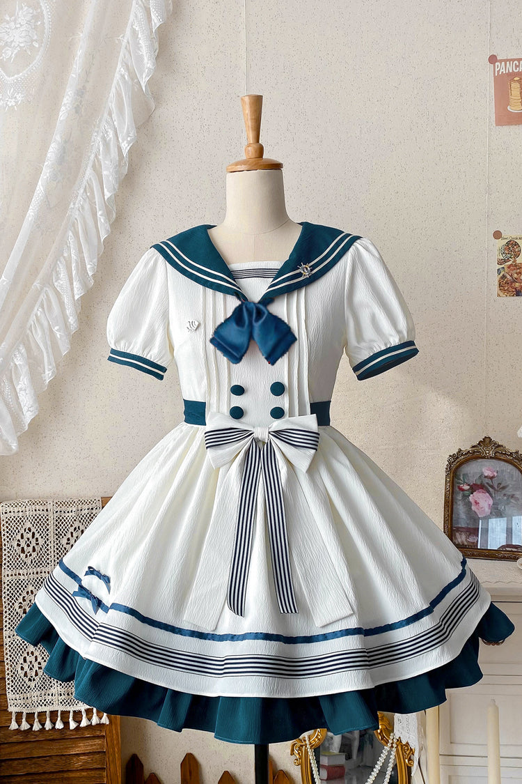 Lolita Dress - White/green Navy Collar, 2 Colors, Bow Detail, Ruffled, Sweet Style - main product image
