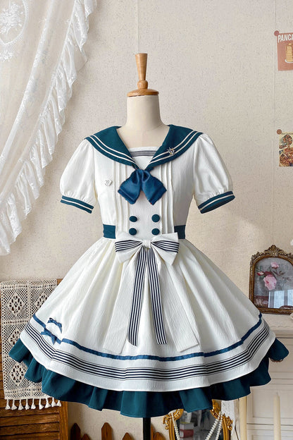 Lolita Dress - White/green Navy Collar, 2 Colors, Bow Detail, Ruffled, Sweet Style - main product image