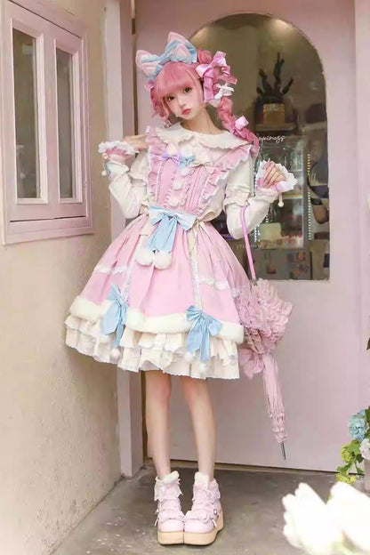 Lolita Dress - White/pink Little Fox, 2 Colors, Long Sleeves, Sweet Style, Bow Detail - additional product view 3