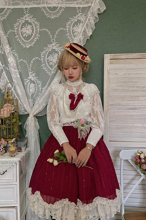 Lolita Dress - Wine Elegant Vintage Tulip, Wine, Classic Style, Ruffled - additional product view 5