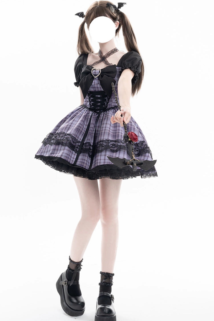 Lolita Dress - Witch Time, Purple, Puff Sleeves, Plaid, Lace Trim - additional product view 2
