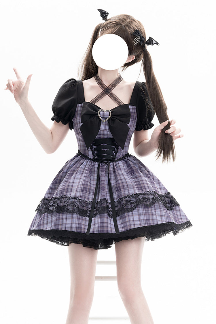 Lolita Dress - Witch Time, Purple, Puff Sleeves, Plaid, Lace Trim - additional product view 3
