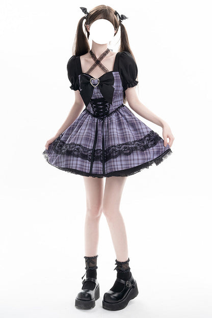 Lolita Dress - Witch Time, Purple, Puff Sleeves, Plaid, Lace Trim - additional product view 7