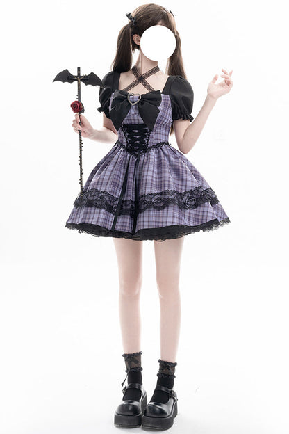 Lolita Dress - Witch Time, Purple, Puff Sleeves, Plaid, Lace Trim - additional product view 8