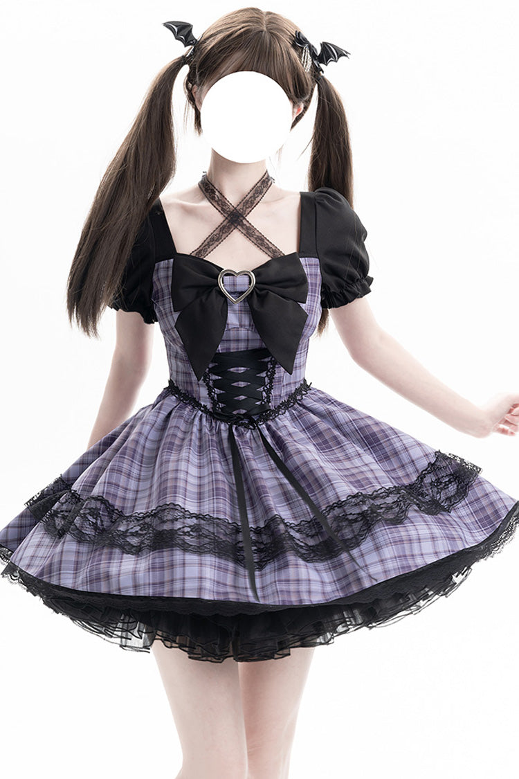 Lolita Dress - Witch Time, Purple, Puff Sleeves, Plaid, Lace Trim - main product image
