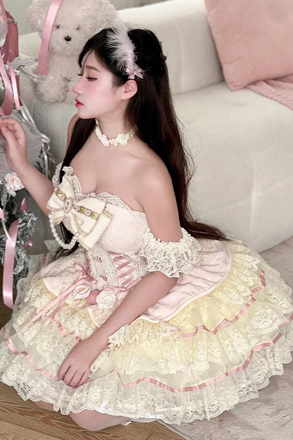 Lolita Dress - Yellow/pink, 2 Colors, Bow Detail, Lace Trim, Ruffled - additional product view 2