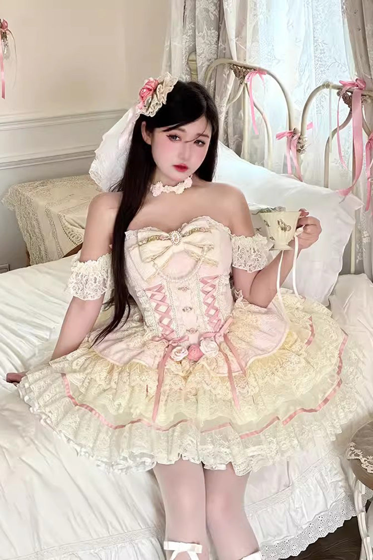 Lolita Dress - Yellow/pink, 2 Colors, Bow Detail, Lace Trim, Ruffled - additional product view 3