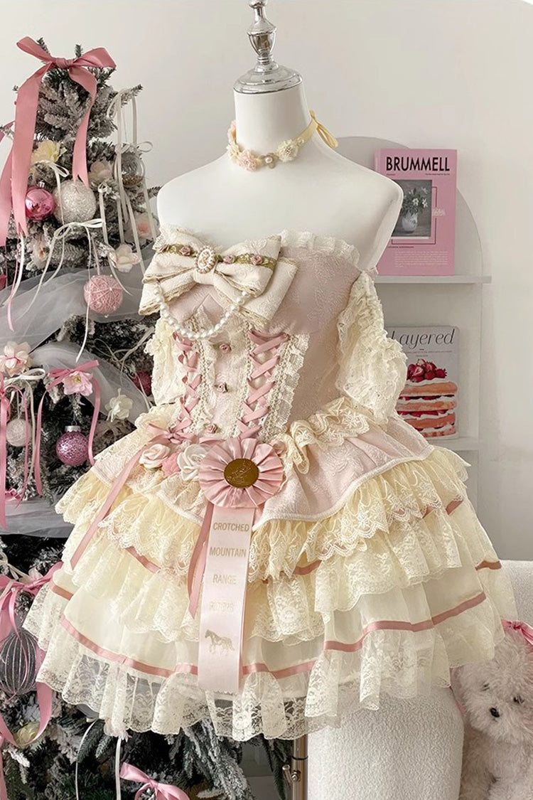 Lolita Dress - Yellow/pink, 2 Colors, Bow Detail, Lace Trim, Ruffled - main product image