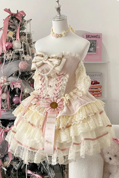 Lolita Dress - Yellow/pink, 2 Colors, Bow Detail, Lace Trim, Ruffled - main product image
