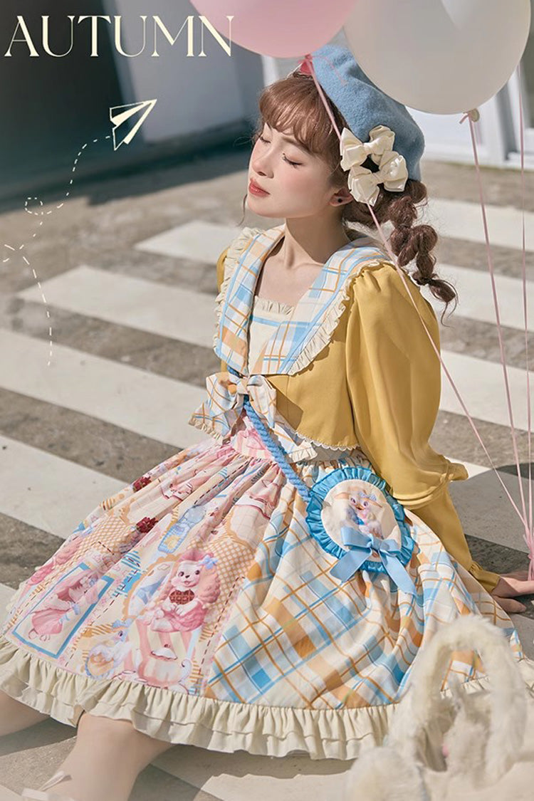 Lolita Dress - Yellow/pink Cat Holiday Print, 2 Colors, Sweet Style, Bow Detail, Ruffled - additional product view 2