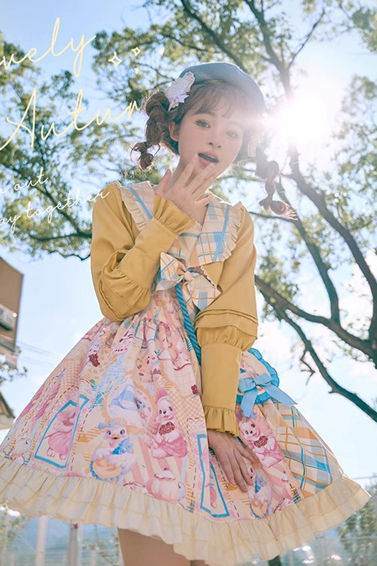 Lolita Dress - Yellow/pink Cat Holiday Print, 2 Colors, Sweet Style, Bow Detail, Ruffled - additional product view 3