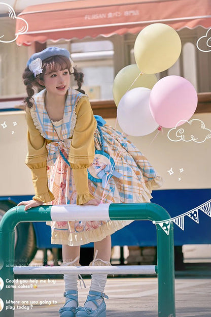 Lolita Dress - Yellow/pink Cat Holiday Print, 2 Colors, Sweet Style, Bow Detail, Ruffled - additional product view 4