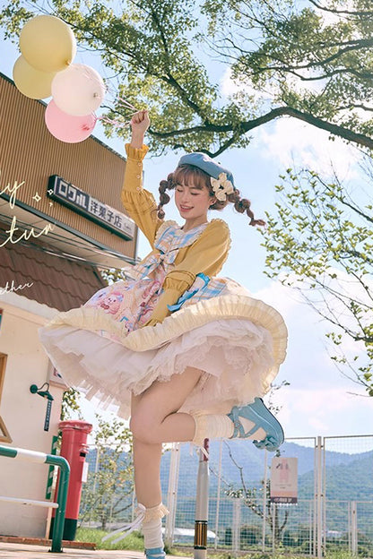 Lolita Dress - Yellow/pink Cat Holiday Print, 2 Colors, Sweet Style, Bow Detail, Ruffled - additional product view 5