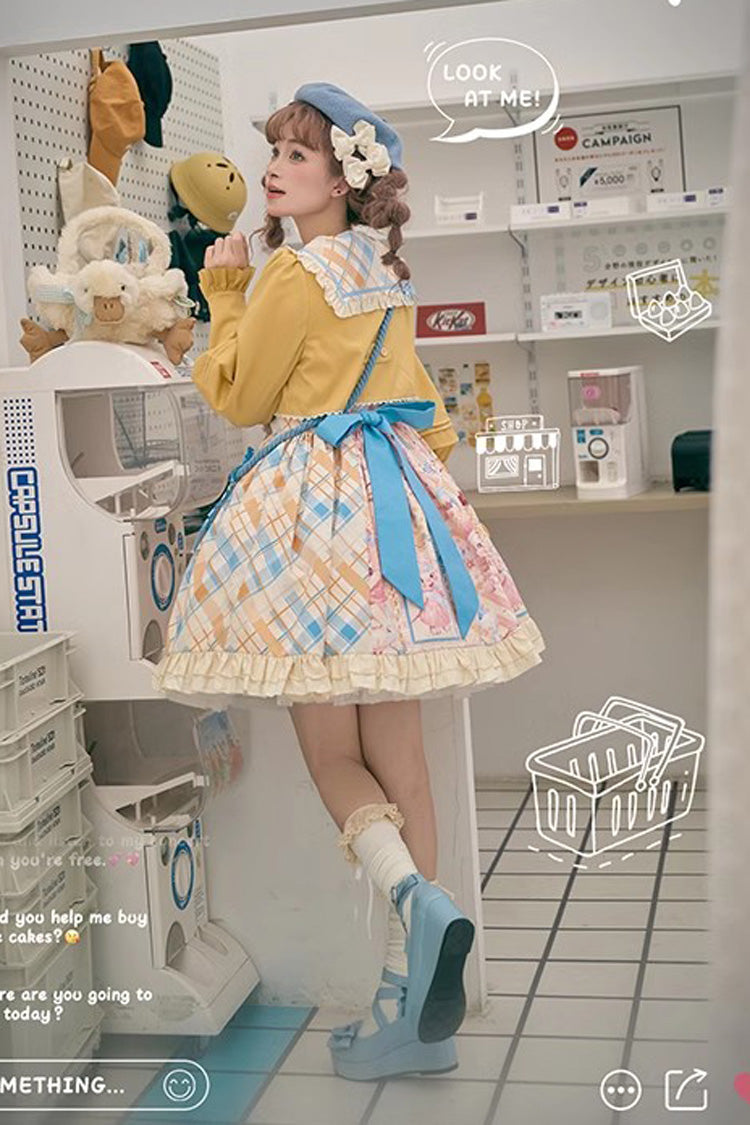 Lolita Dress - Yellow/pink Cat Holiday Print, 2 Colors, Sweet Style, Bow Detail, Ruffled - additional product view 6