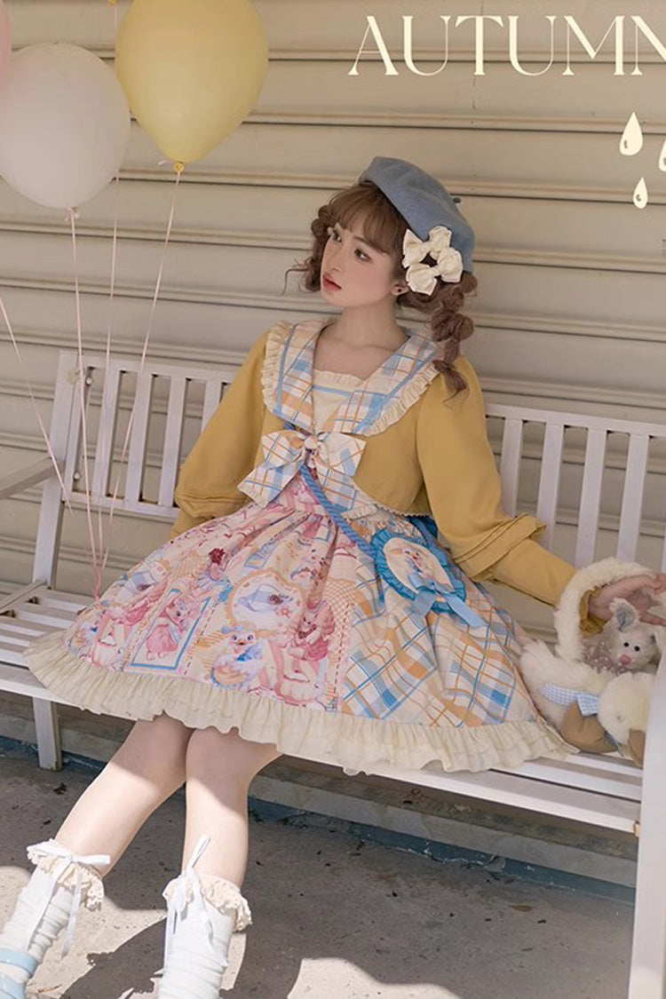 Lolita Dress - Yellow/pink Cat Holiday Print, 2 Colors, Sweet Style, Bow Detail, Ruffled - additional product view 7