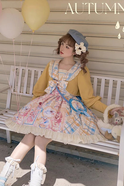 Lolita Dress - Yellow/pink Cat Holiday Print, 2 Colors, Sweet Style, Bow Detail, Ruffled - additional product view 7