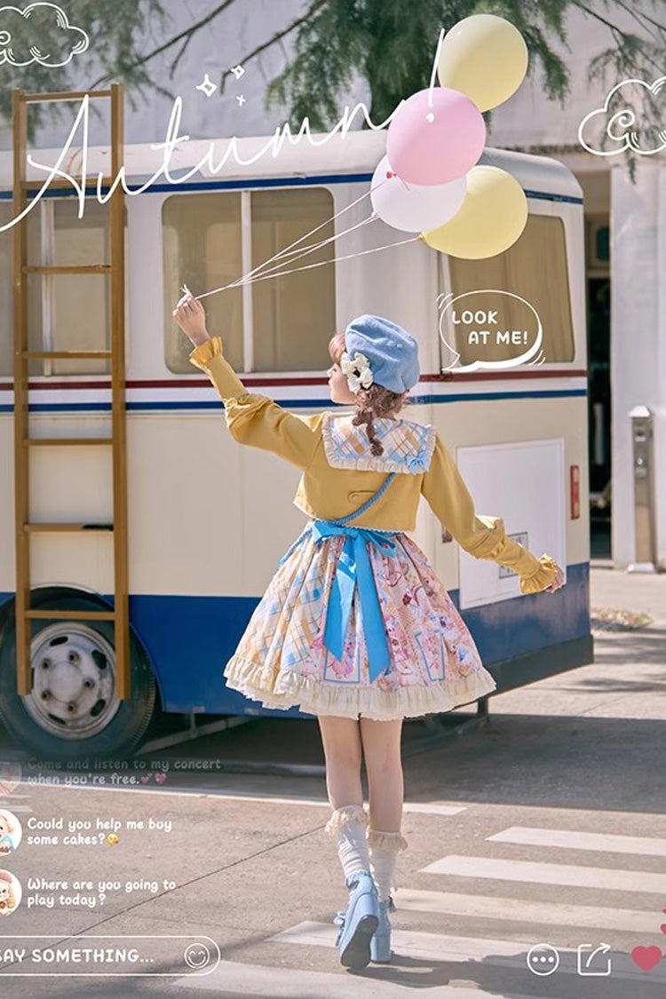 Lolita Dress - Yellow/pink Cat Holiday Print, 2 Colors, Sweet Style, Bow Detail, Ruffled - additional product view 8