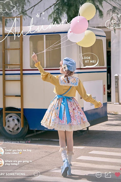 Lolita Dress - Yellow/pink Cat Holiday Print, 2 Colors, Sweet Style, Bow Detail, Ruffled - additional product view 8