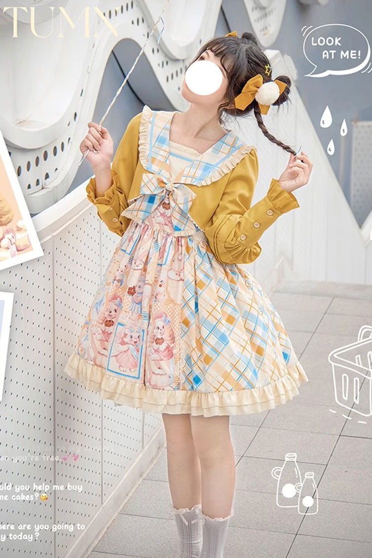 Lolita Dress - Yellow/pink Cat Holiday Print, 2 Colors, Sweet Style, Bow Detail, Ruffled - main product image
