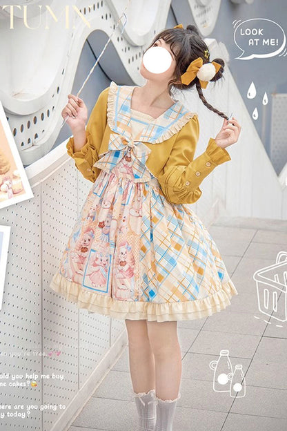 Lolita Dress - Yellow/pink Cat Holiday Print, 2 Colors, Sweet Style, Bow Detail, Ruffled - main product image