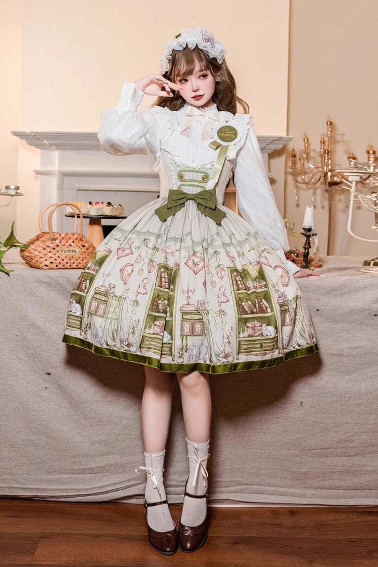 Lolita JSK Dress - Ai Luo Book House Print Chest, Green, Bow Detail, Printed, Sweet Style - additional product view 2
